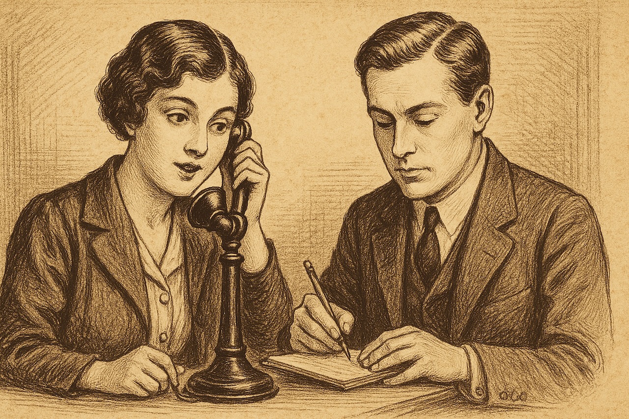 A 16x9 teaser image in the style of early telephone late telegraph era advertising, with a woman at the phone and a man besides her, taking notes. No text visible. AI generated with gpt-4o in ChatGPT.