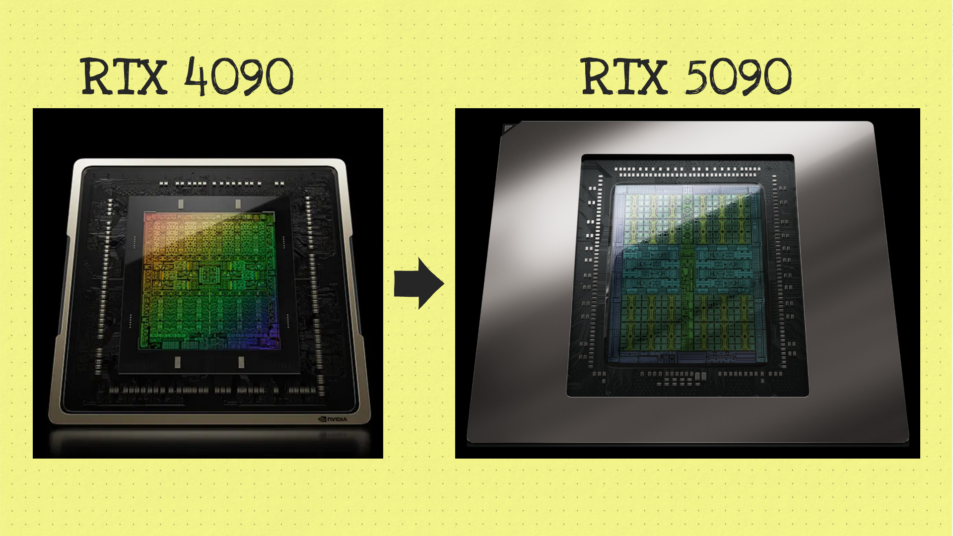 The NVIDIA RTX 5090 and the NVIDIA RTX 4090 dies side by side.