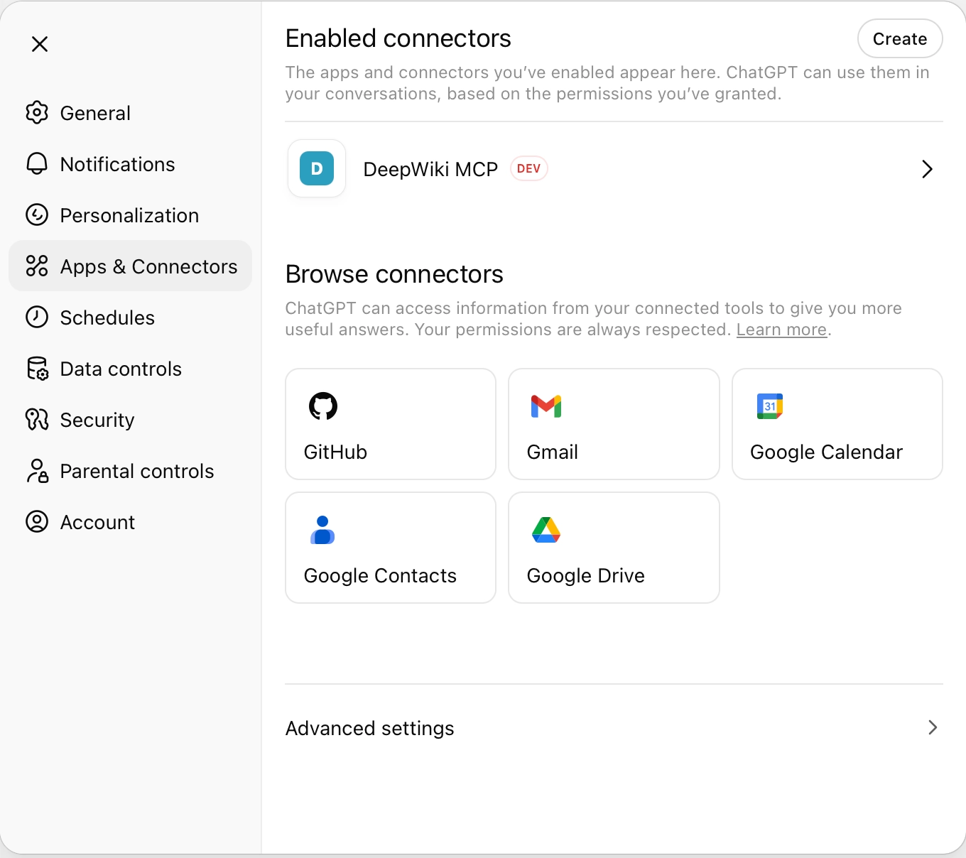ChatGPT Apps & Connector settings