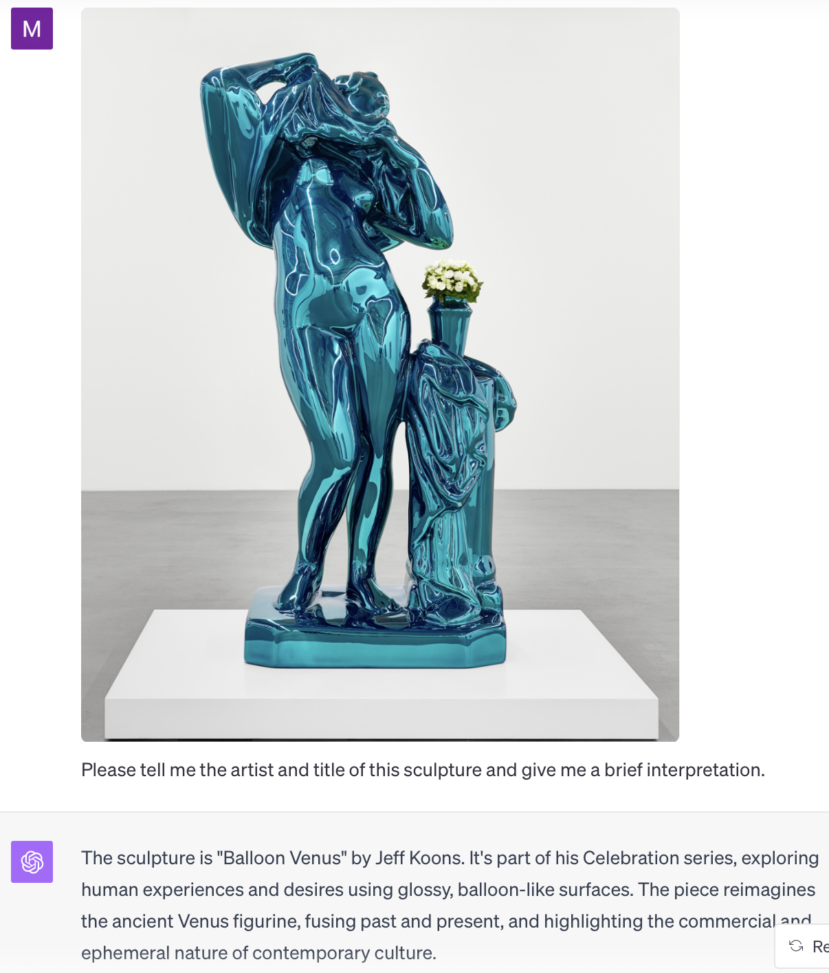 ChatGPT can identify the artist of a sculpture and give a nice interpretation of it.